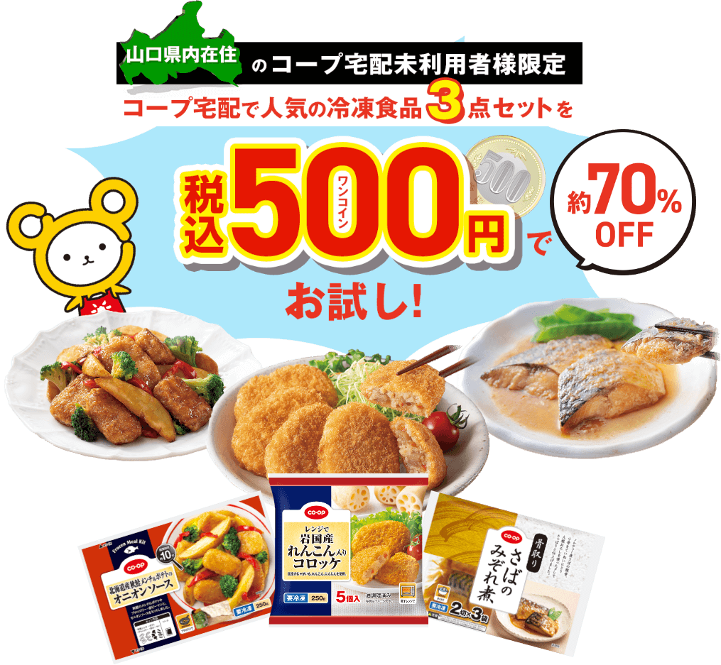 コープ宅配で人気の冷凍食品3点セットを税込500円でお試し